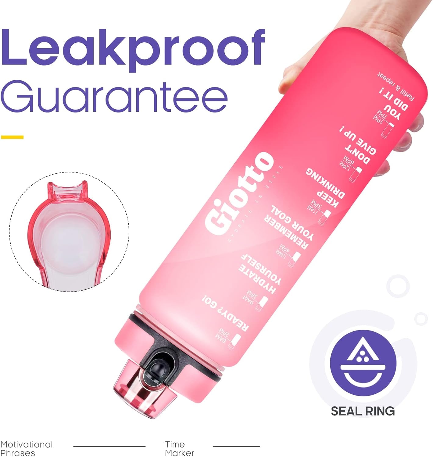 32Oz Motivational Water Bottle with Times & Removable Strainer to Drink, Resuable Leakproof BPA Free Sports Water Jug to Remind You Drink More Water-Pink/Red Gradient