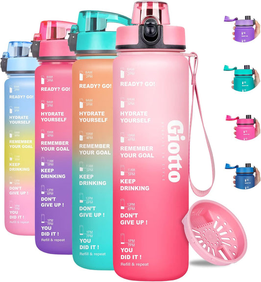 32Oz Motivational Water Bottle with Times & Removable Strainer to Drink, Resuable Leakproof BPA Free Sports Water Jug to Remind You Drink More Water-Pink/Red Gradient