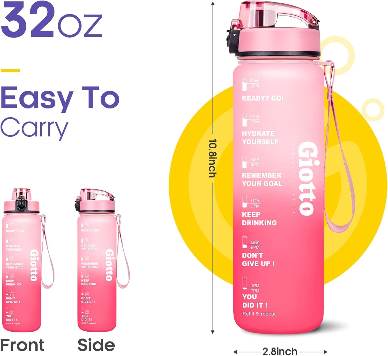 32Oz Motivational Water Bottle with Times & Removable Strainer to Drink, Resuable Leakproof BPA Free Sports Water Jug to Remind You Drink More Water-Pink/Red Gradient